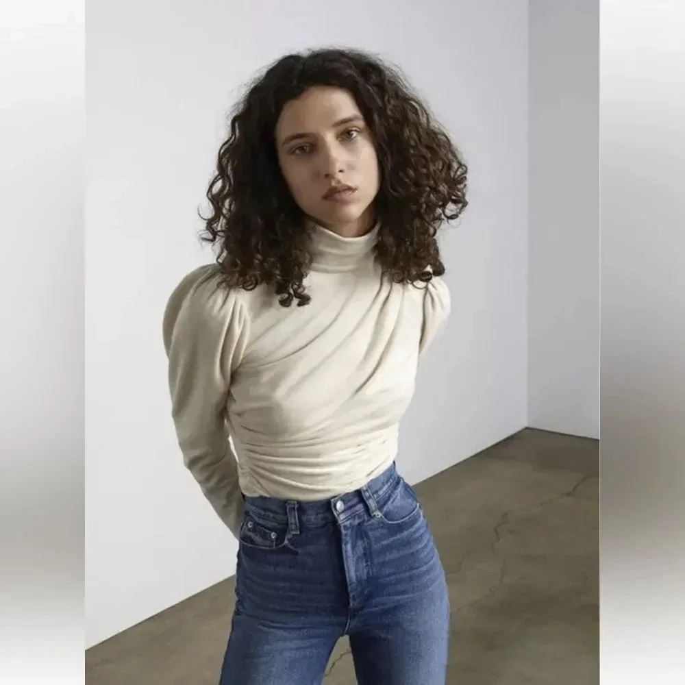 A.C.L Ivory Rice Joss Mock Neck Long Sleeve Velvet Top size 8 - Picture 10 of 11